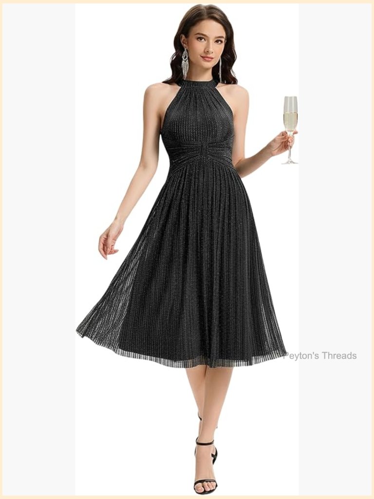 Glitter Halter Neck Midi Cocktail Dress Sleeveless Pleated Semi Formal